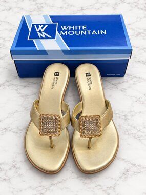 NIB White Mountain Glory Gold Rhinestone Wedge Sandals Size 7M
